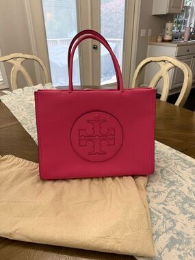 Tory Burch Bright Pink Leather Tote with Logo Medallion